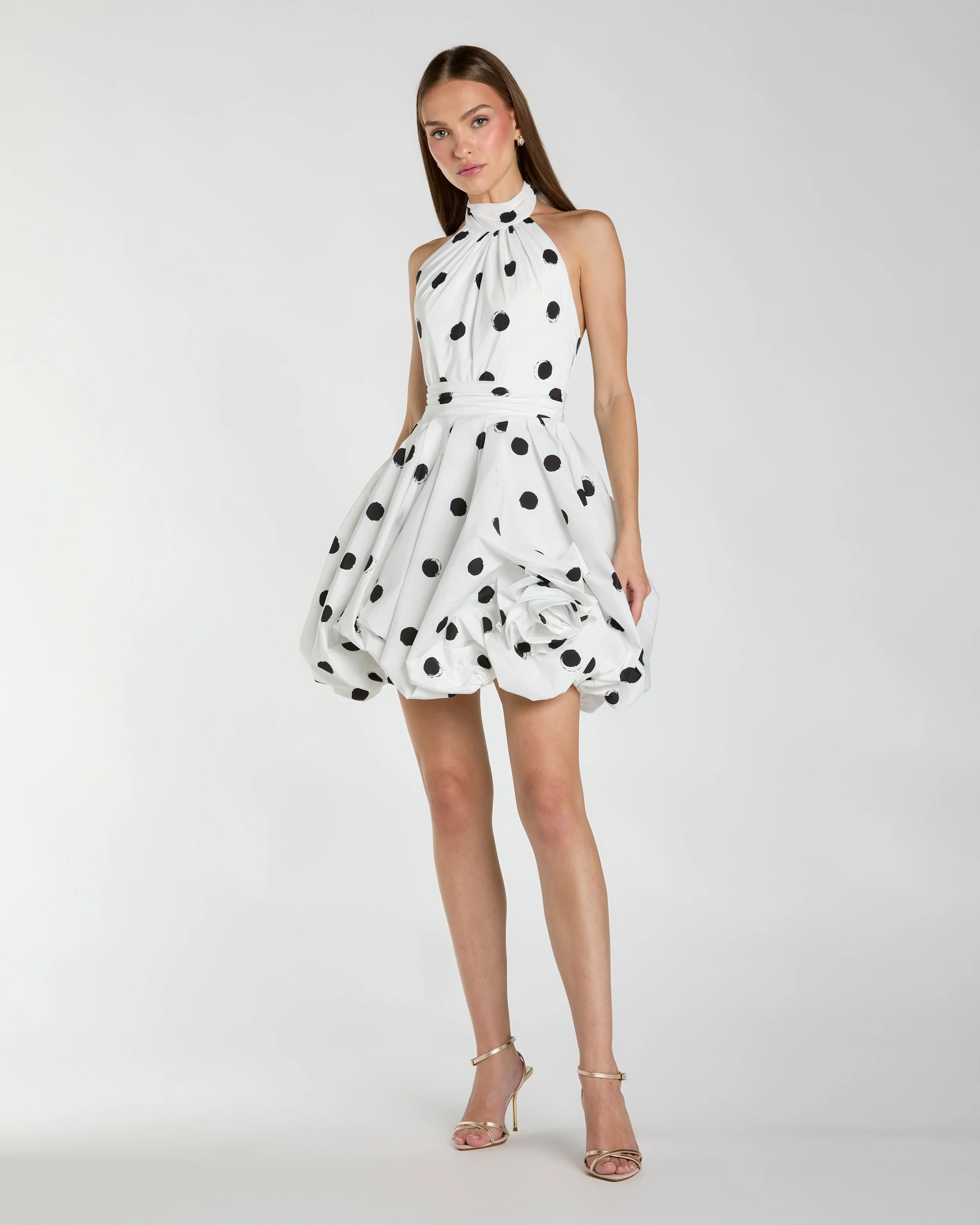 Ieena for Mac Duggal - White Polka Dot Halter Mini Dress with 3D Rose - Black Ivory / US 0 | Mac Duggal