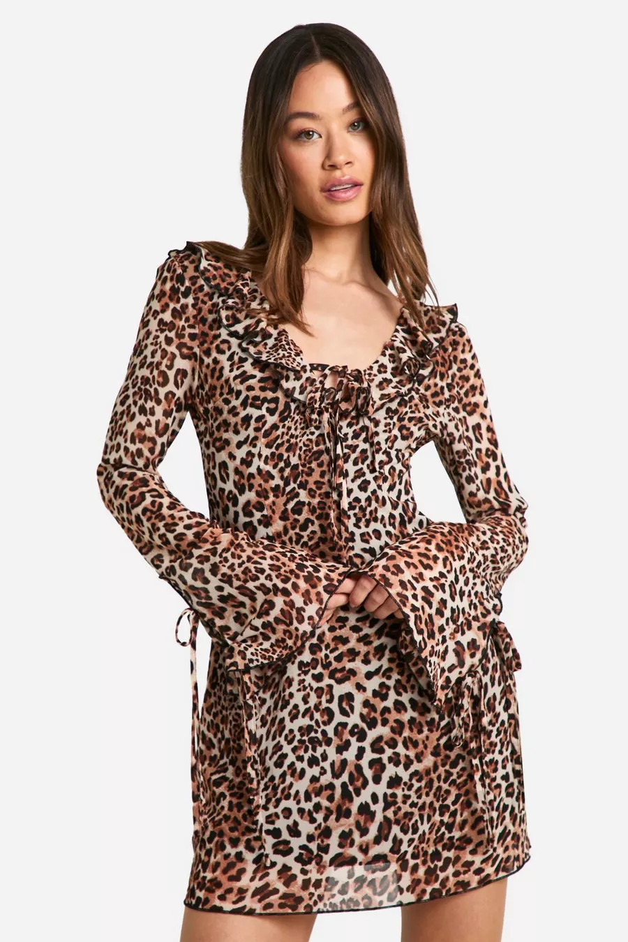 Tall Leopard Ruffle Tie Flared Sleeve Micro Mini Dress | boohoo (US & Canada)