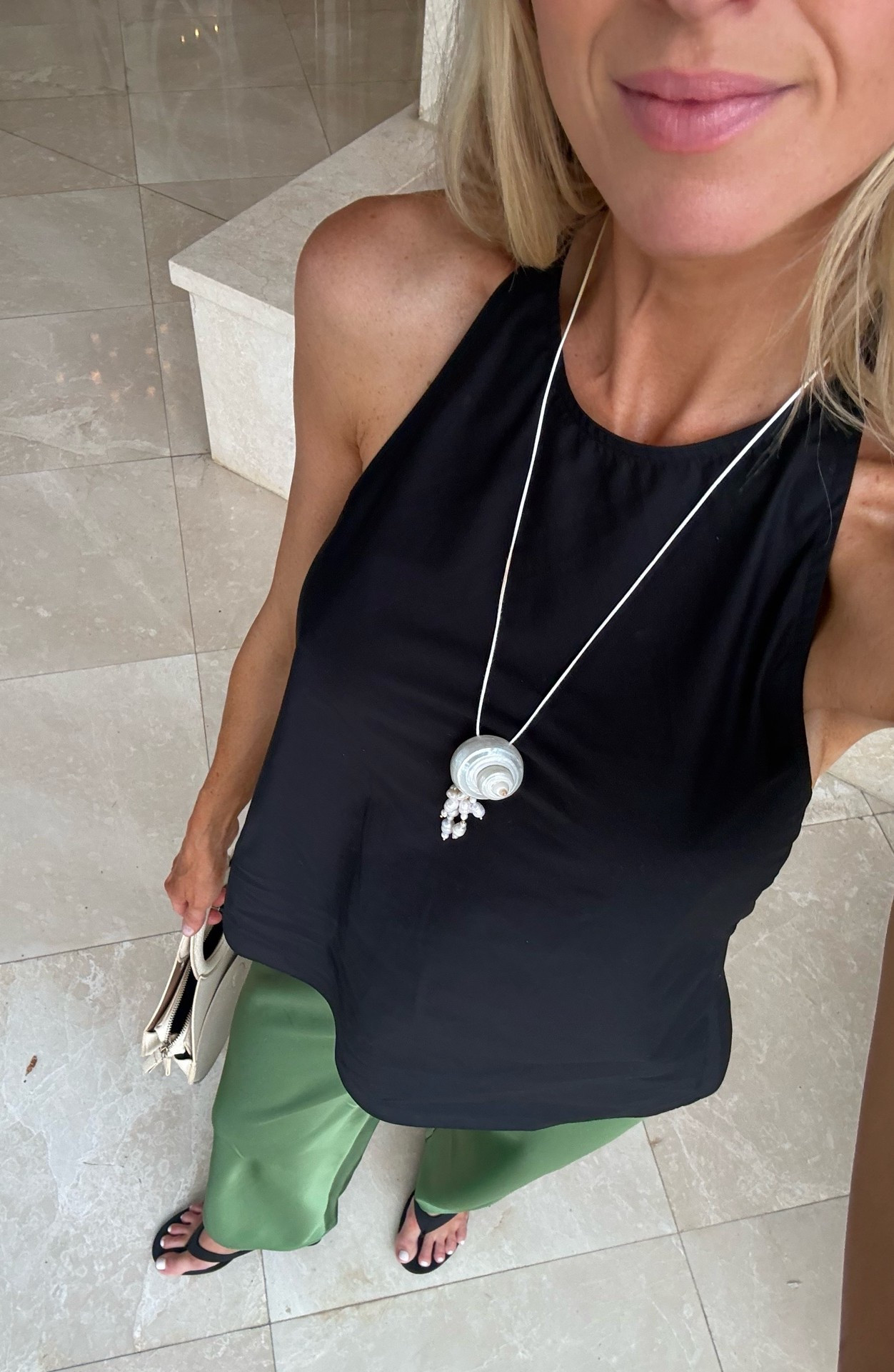 Black halter top - Small
Green silk pants - small (could’ve sized down to an XS)

Vacation outfits / beach / going out tops / summer outfits