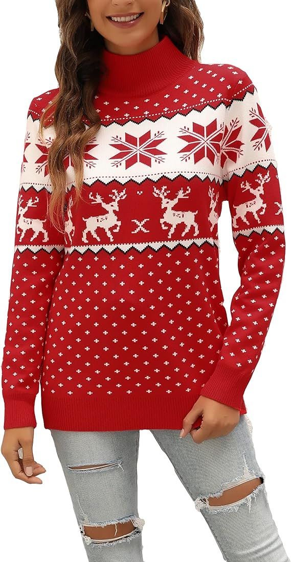 LYHNMW Women's Ugly Christmas Sweaters Snowflake Reindeer Long Sleeve Holiday Knit Xmas Sweater P... | Amazon (US)