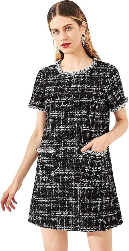 Floerns Women's Tweed Short Sleeve Shift Tunic Dress with Pockets | Amazon (US)