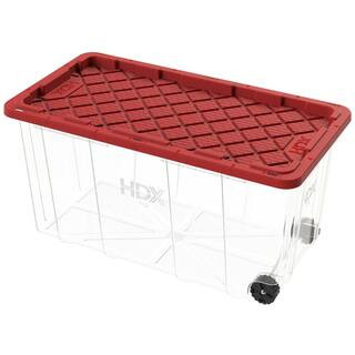 77 Gal. Tough Storage Tote with Wheels in Clear with Red Lid | The Home Depot