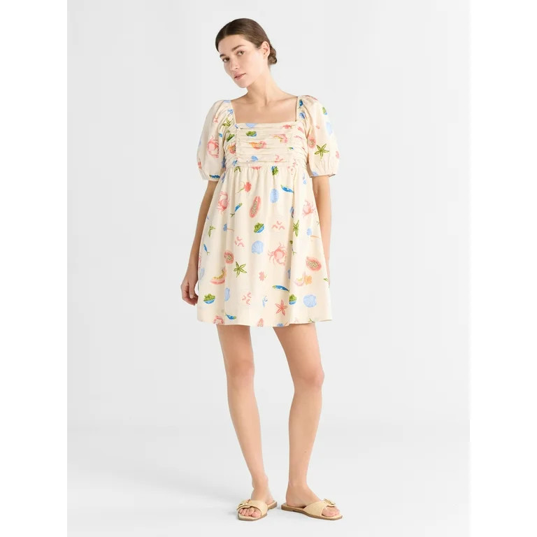 Free Assembly Women's Shirred Cotton Mini Dress with Puff Sleeves, Sizes XS-XXXL | Walmart (US)