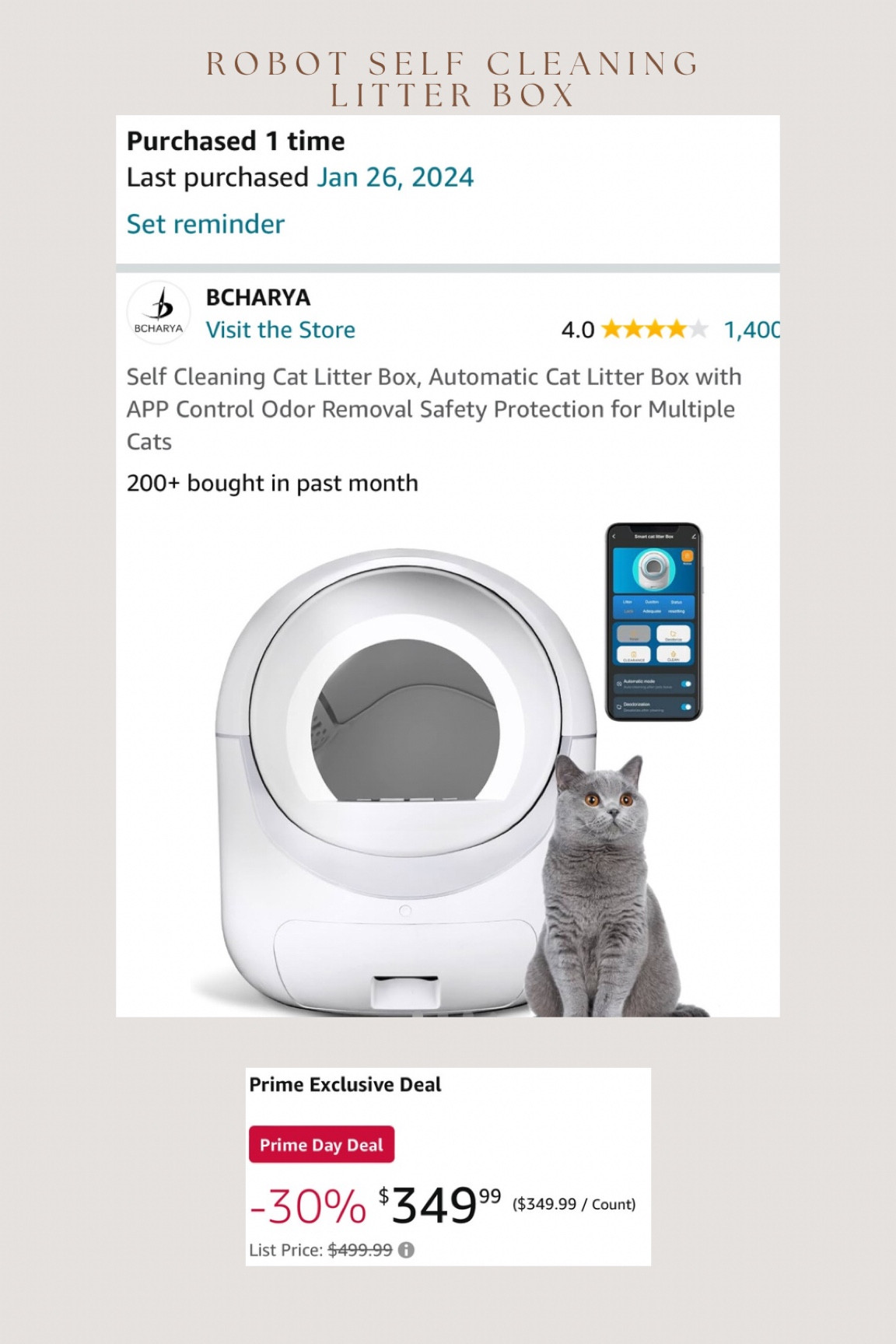 If you have a cat, you neeeeed this litter box!!! I couldn’t stomach spending this amount, so bought a “cheaper” $200 one and it never fully scooped everything out so we had to throw it away since it was past the return window. Since our house is so small, we have to keep her litter box out in the open & we had to make the splurge and it’s the best thing we’ve done 🤣. 

There is zero smell, it removes everything, and all we have to do is grab the bag at the bottom when it’s ready to empty. Makes owning a cat even easier! 10/10 recommend. Worth every penny and it’s finally on sale for prime day!!!

#LTKSaleAlert #LTKFamily #LTKStyleTip