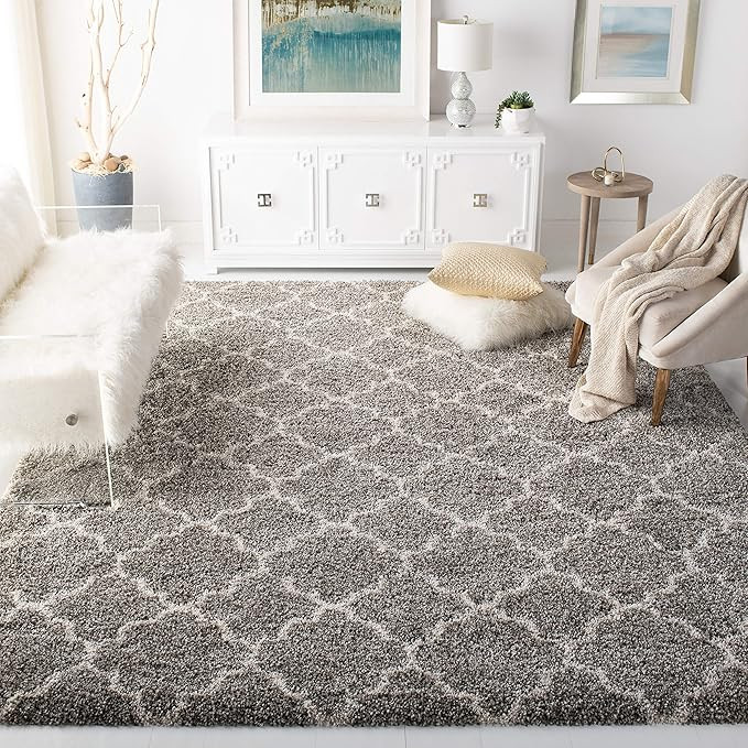 SAFAVIEH Hudson Shag Collection Area Rug - 8' x 10', Grey & Ivory, Moroccan Trellis Design, Non-S... | Amazon (US)