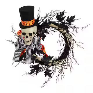 26 in. Black Dapper Skeleton Halloween Wreath | The Home Depot