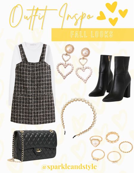Outfit Inspo: Fall Looks 

I love this Gossip Girl inspired look! I styled this tweed overall mini dress with a white top, black booties, black quilted purse, pearl heart earrings, a pearl headband, and gold pearl rings! 

#LTKSeasonal #LTKunder100 #LTKunder50
