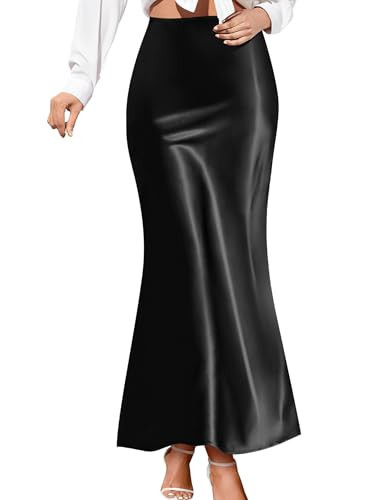 AURUZA Maxi Satin Skirts for Women Trendy, High Waisted Womens Long Skirts, Elegant Zipper Flared Elastic A-line Silk Skirts (Black, X-Large) | Amazon (US)