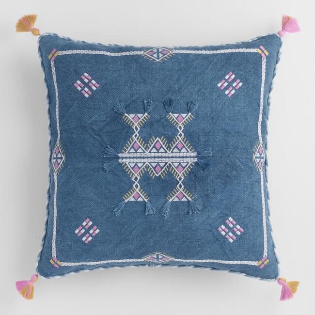 Blue Stonewashed Embroidered Throw Pillow | World Market