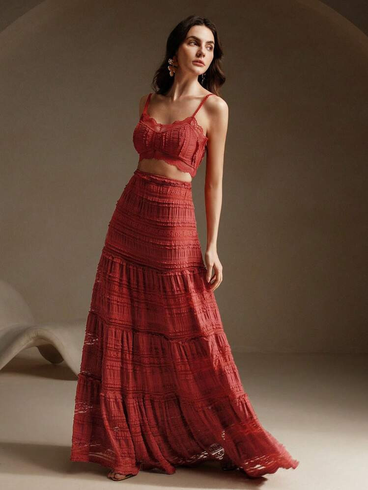 Anewsta 2 Pieces Set: Fashionable Solid Color Lace Camisole And Extra Long Skirt, European Style | SHEIN