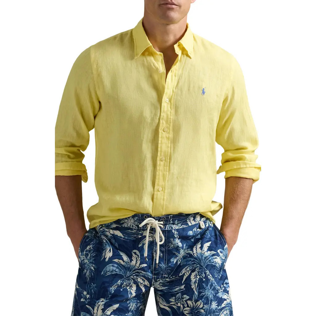 Polo Ralph Lauren Classic Fit Solid Yellow Linen Button-Down Shirt in Resort Gold at Nordstrom, Size Small | Nordstrom