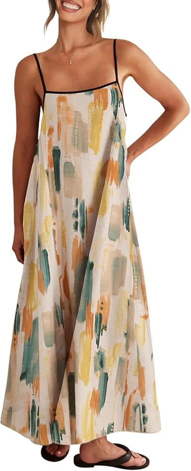 Shy Velvet Women's 2026 Summer Linen Maxi Dress Contrast Spaghetti Strap Dress Backless Casual Pa... | Amazon (US)