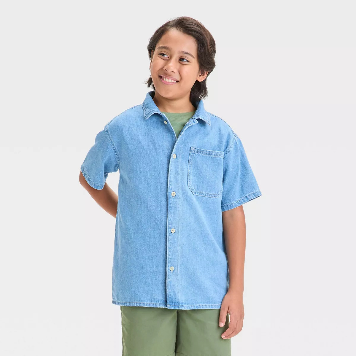 Boys' Short Sleeve Denim Button-Down Shirt - Cat & Jack™ Light Wash | Target