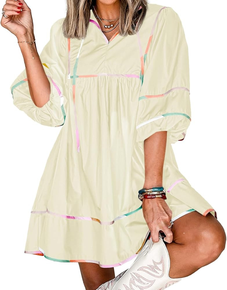 Cicy Bell Womens Babydoll Mini Dresses 3/4 Puff Sleeve V Neck Dress Casual Loose Fit Patchwork Pl... | Amazon (US)