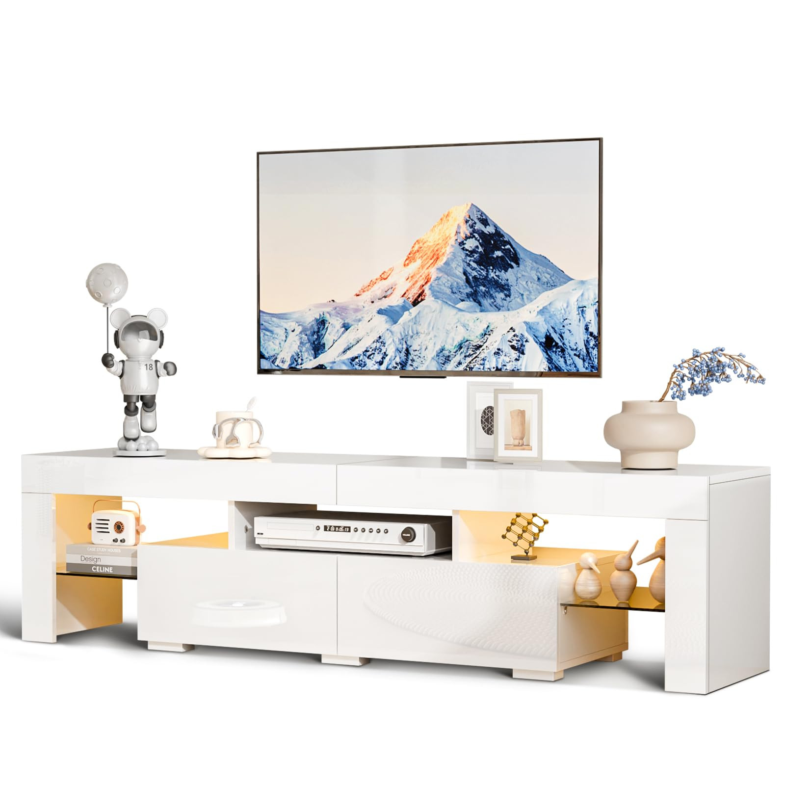 VINGLI LED TV Stand, 63'' High Glossy Modern Entertainment Center with LED Lights and Storage for... | Amazon (US)