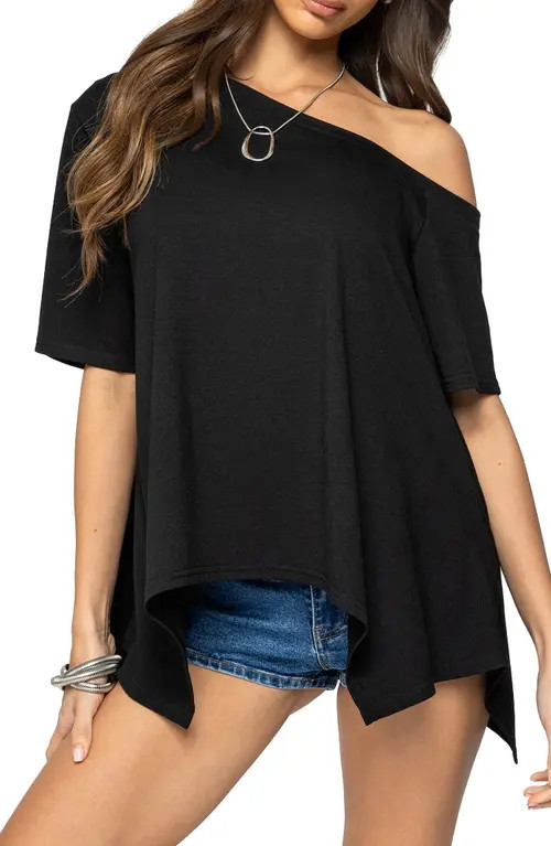 EDIKTED Josy One-Shoulder Handkerchief Hem Knit Top in Black at Nordstrom, Size Medium | Nordstrom