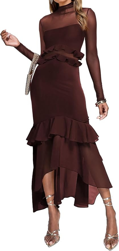 Aisbei Women's Elegant Bodycon Maxi Dress Mock Neck Long Sleeve Ruffle Mesh Party Cocktail Formal... | Amazon (US)
