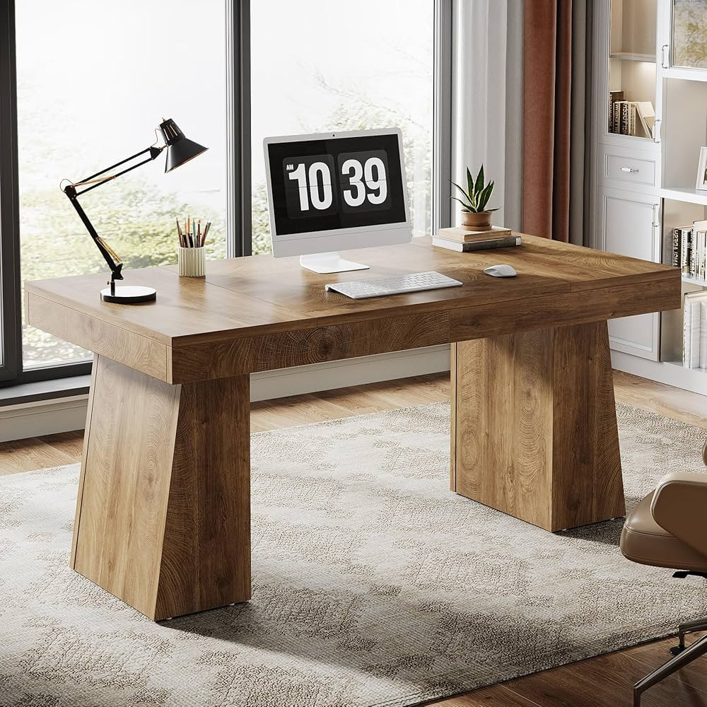 Tribesigns 55 Inches Executive Desk, Mid-Century Modern Home Office Desk with Double Trapezoid Ba... | Amazon (US)