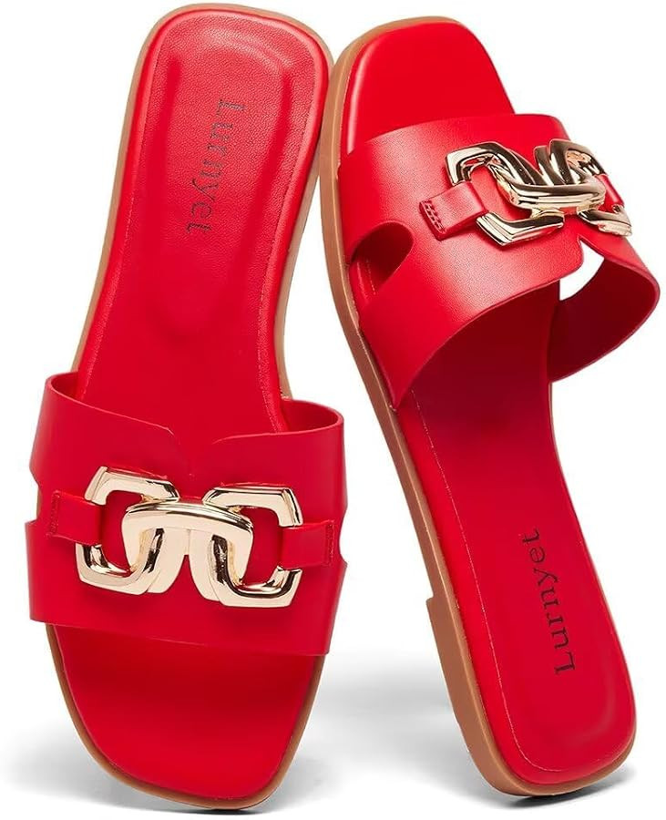 Women's Flat Slide Sandals Dressy Square Open Toe Slip On Sandals for Summer Beach | Amazon (US)