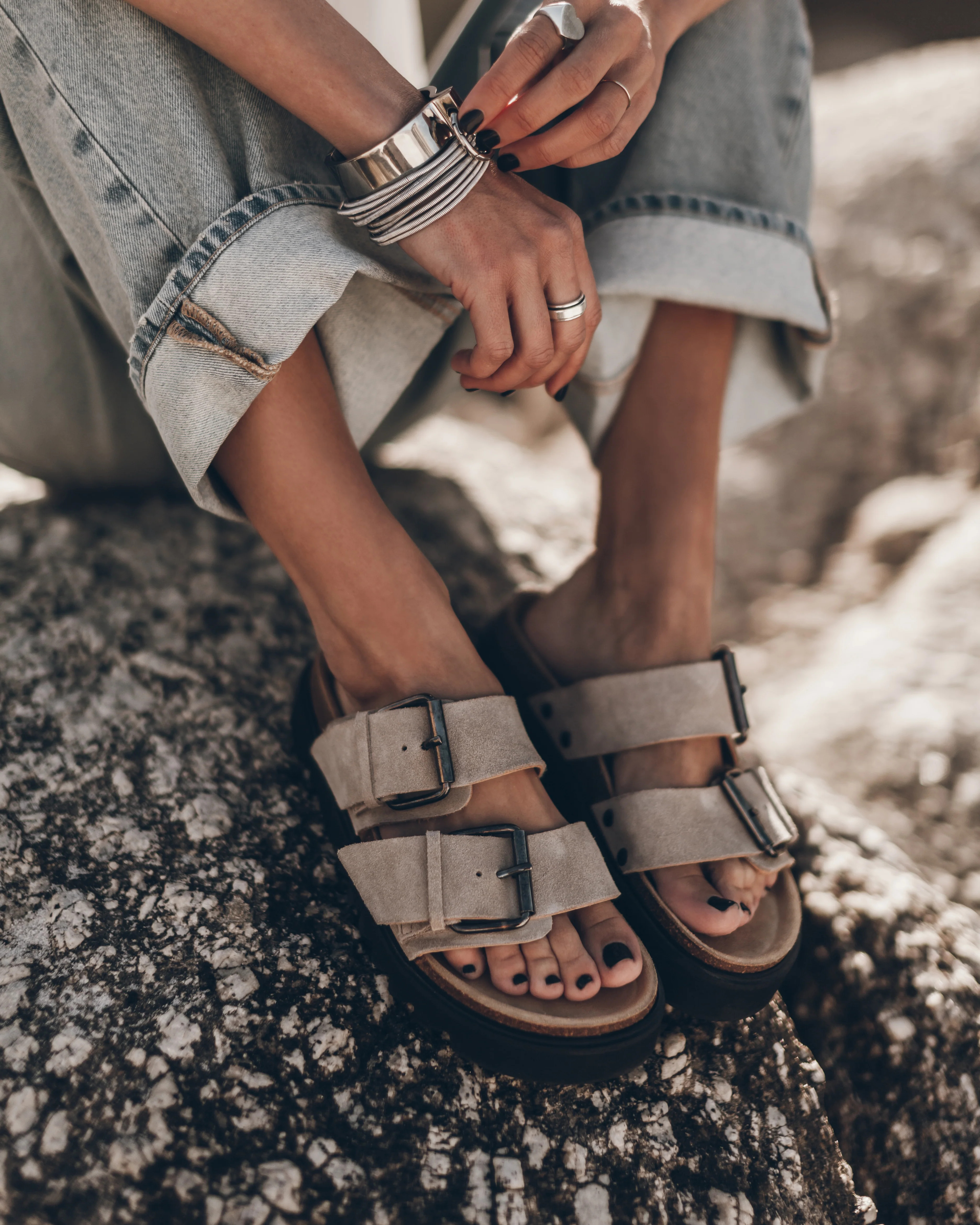 The Beige Suede Buckle Sandals | MIKUTA