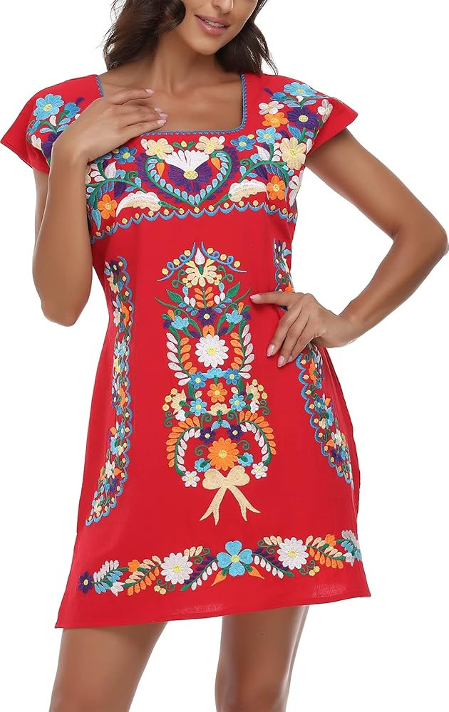 YZXDORWJ Women Mexican Embroidered Dress Ruffle Collar Sleeveless | Amazon (US)