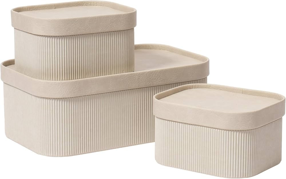 Fluted Cardboard Storage Baskets with Leather-Like Lids, Sturdy Stackable Paper Boxes Decorative ... | Amazon (US)