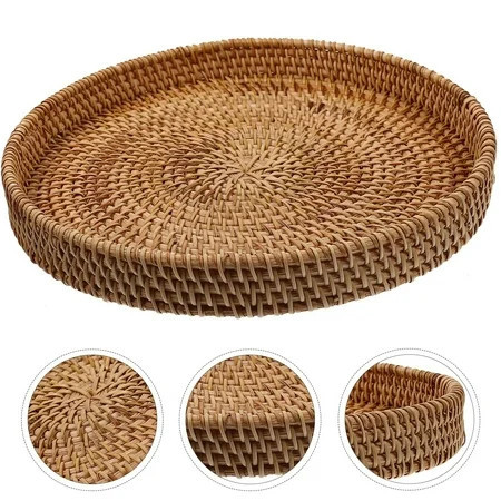 HmNPlay Round Rattan Serving Tray Handwoven Wicker Basket for Coffee Table Ottoman Fruit Bread Display Decorative Kitchen Countertop Organizer Rustic Home Decor | Walmart (US)