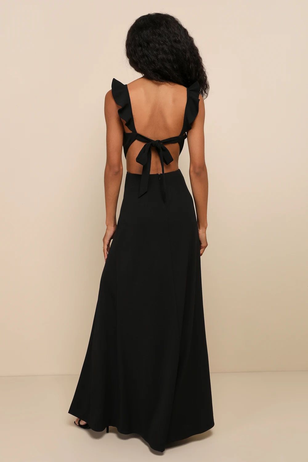 Captivating Charisma Black Ruffled Cutout Tie-Back Maxi Dress | Lulus