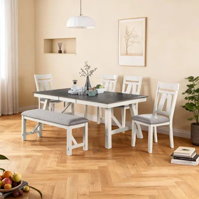 Rustic Farmhouse Extendable Dining Table With Leaf | 60 To 78 Inch Expandable Wood Table | White & Brown Finish | Wayfair North America
