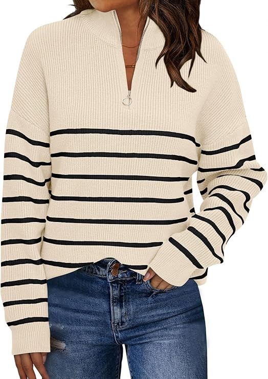 LILLUSORY Women's Quarter Zip Striped Oversized Sweater Mock Turtleneck Pullover Fall Fashion Out... | Amazon (US)