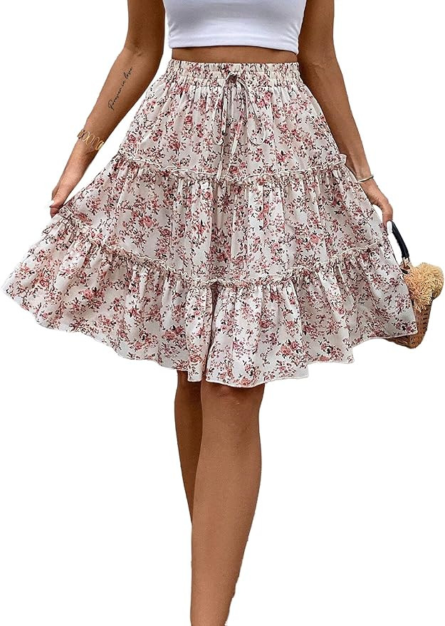 Avanova Women Boho Floral Ruffle Mini Skirts Tiered Layered High Waisted Short Skirts | Amazon (US)