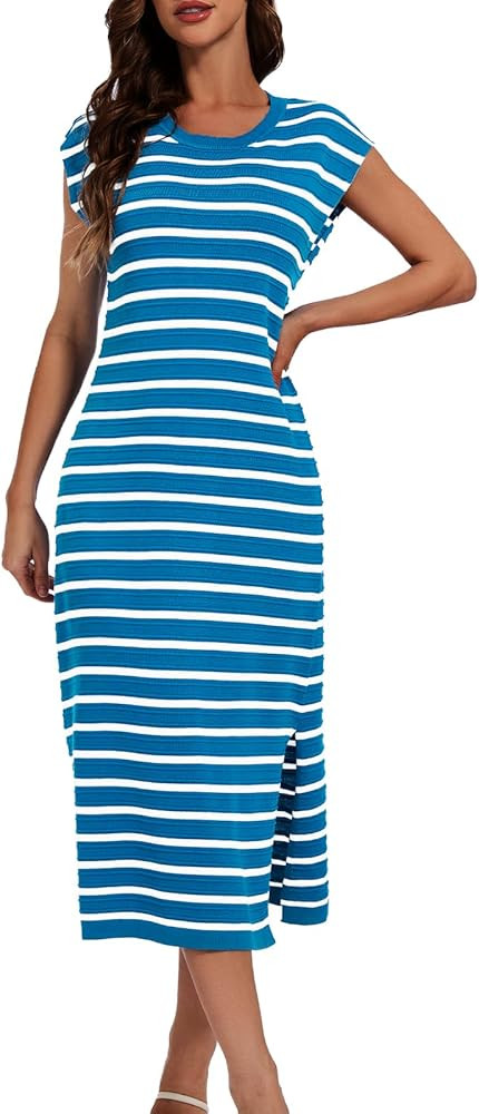 DRESSTELLS Women Summer Casual Striped Dresses, Knit Crew Neck Sleeveless Slit Hem Color Block Lo... | Amazon (US)