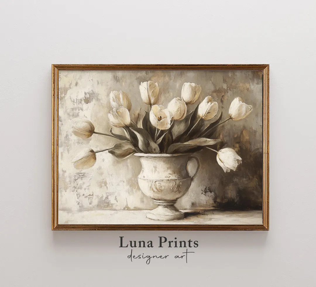 Spring Tulips Painting, Printable Art Spring Flowers Wall Decor, Neutral Vintage Spring Floral Pr... | Etsy (US)