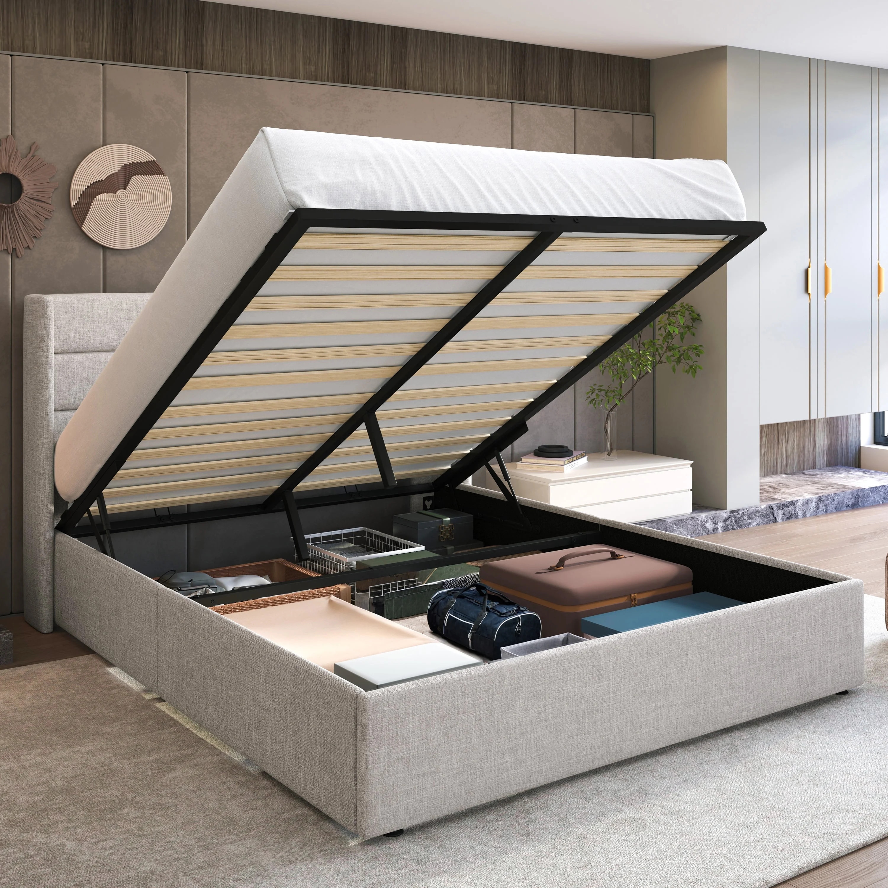 Sha Cerlin Queen Size Lift Up Hydraulic Storage Bed Frame, Platform Bed with Fabric Upholstered W... | Walmart (US)