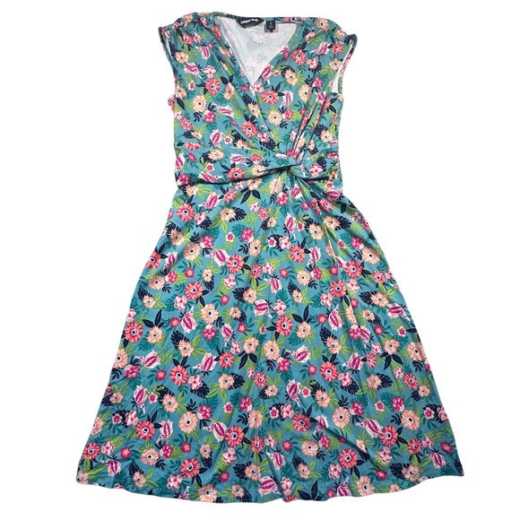 Lands'‎ End Floral Print Knit Dress Casual Twist Front Blue Women's Size S | Poshmark