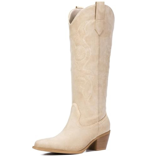 Platikly Beige Cowboy Boots for Women - Embroidered Western Cowgirl Boots Suede Leather, Wide Calf Knee High Tall Footwear, Pointed Toe Chunky Heel Pull On Zipper Classic Retro Country US 9.5 | Amazon (US)