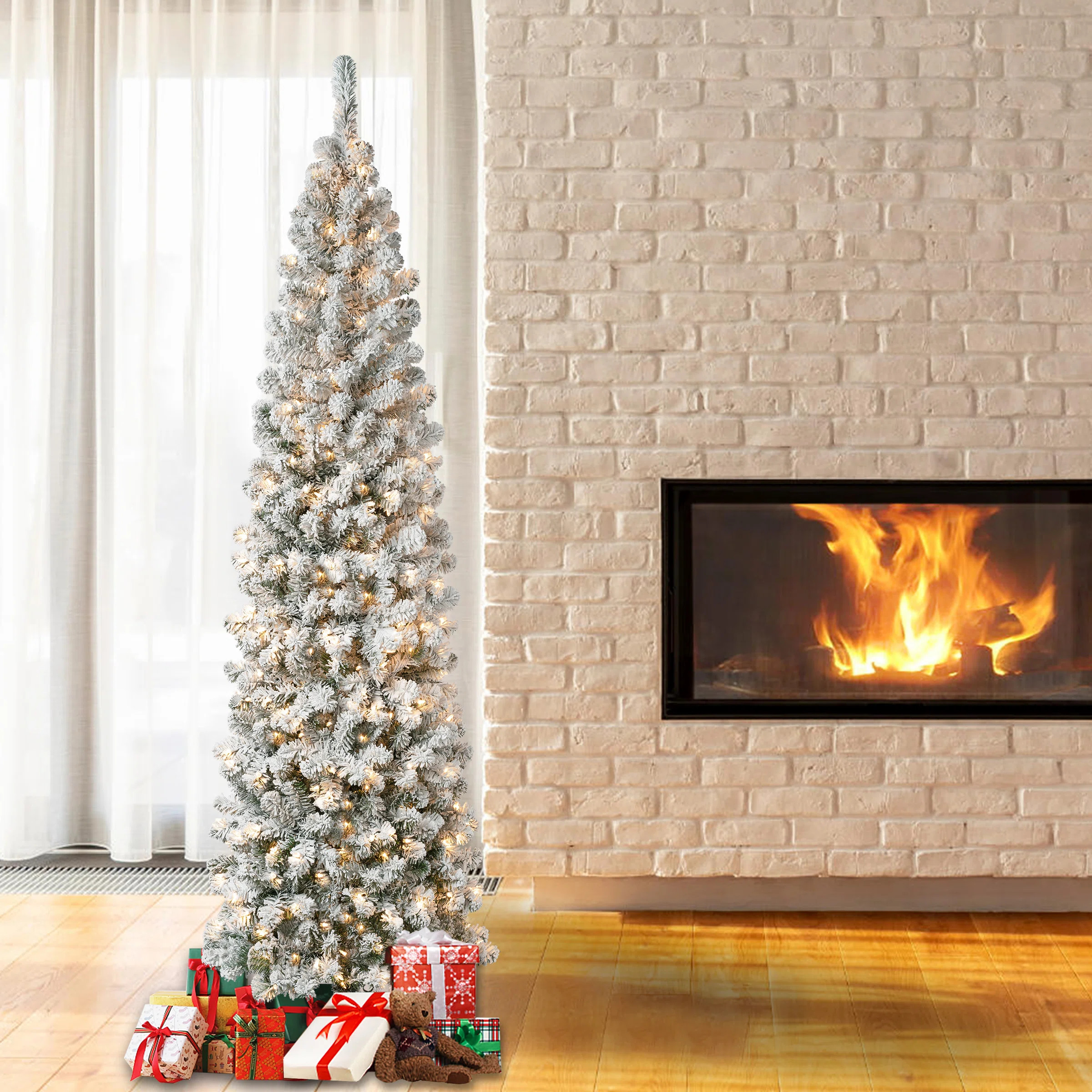 National Tree Company Acacia Pencil Slim Flocked Tree with Clear Lights & Reviews | Wayfair | Wayfair North America