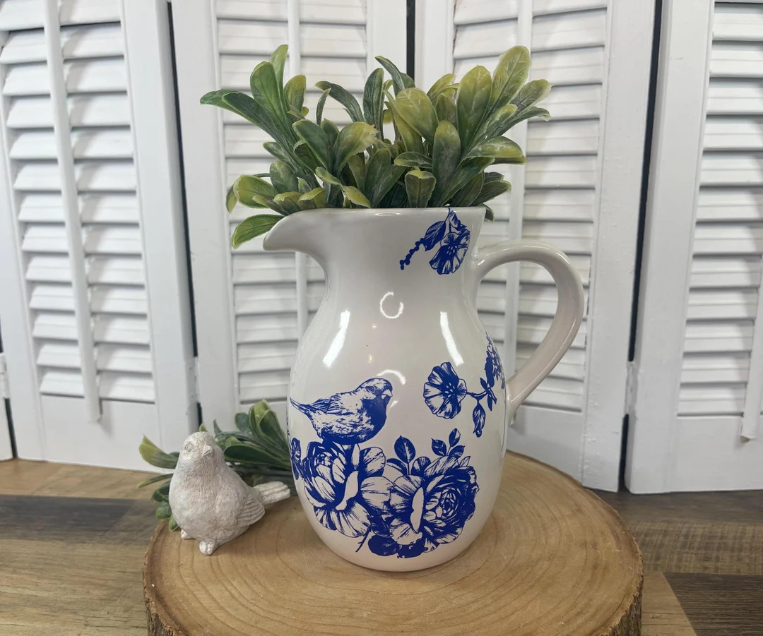 White Pitcher Vase With Blue Flowers and Birds - Etsy | Etsy (US)