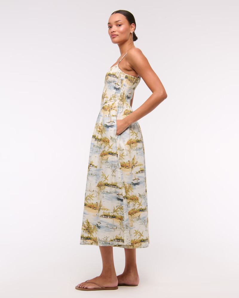 Dipped-Waist Smocked Midi Dress | Abercrombie & Fitch (US)