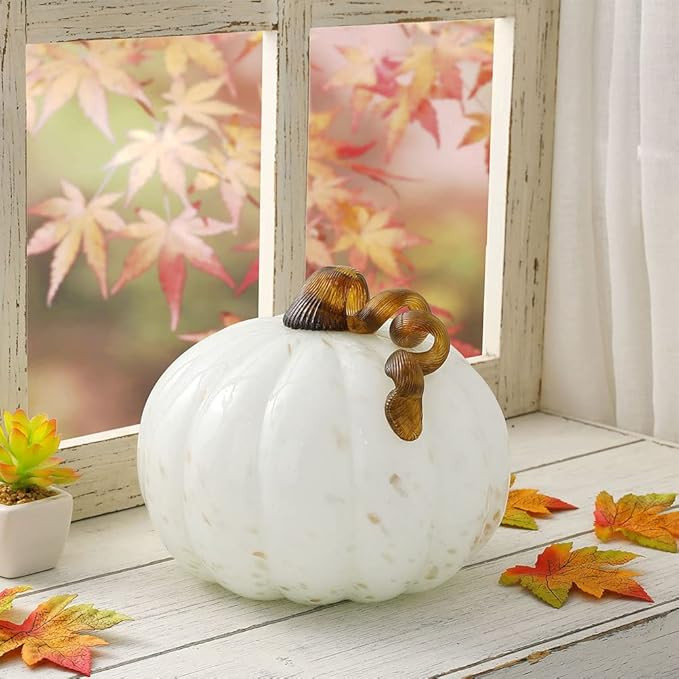 Glitzhome 7.5 Inch Hand Blown Golden White Glass Pumpkin Table Accent | Amazon (US)