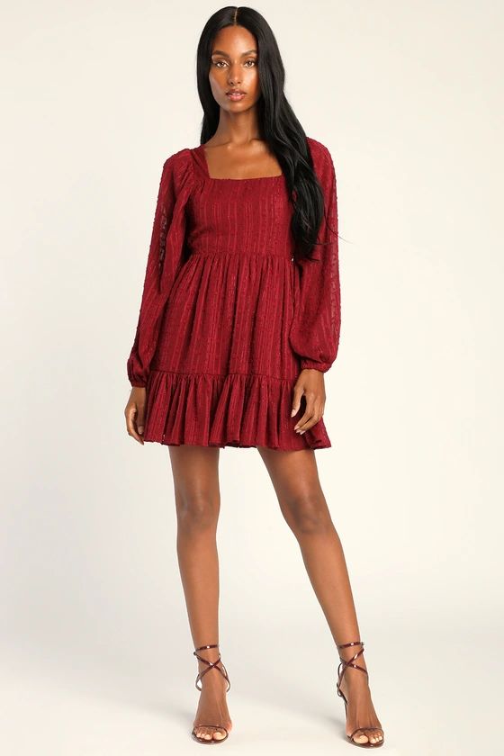 Only You and I Burgundy Long Sleeve Tie-Back Mini Skater Dress | Lulus (US)