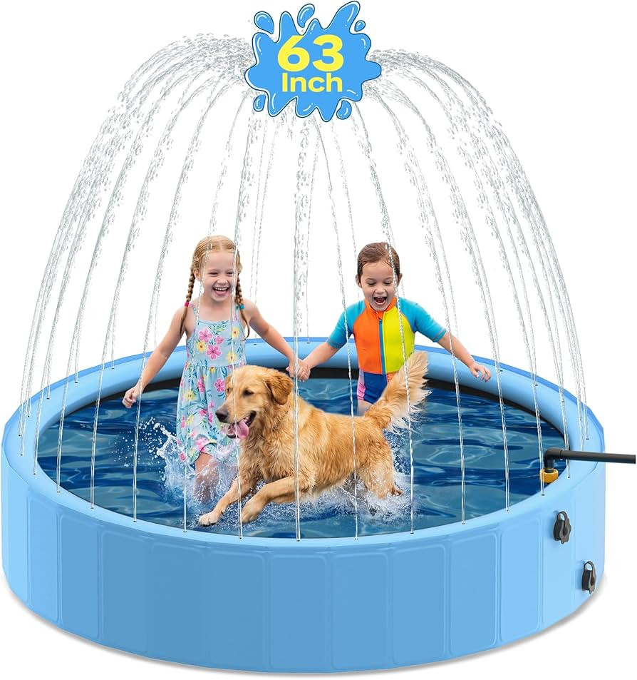 63'' Dog Pool with Sprinkler, Foldable Dog Pools for Large Dogs, 2-in-1 Non-Slip Swimming Pool fo... | Amazon (US)