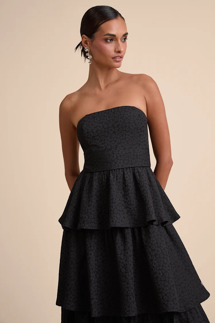 Truly Marvelous Black Jacquard Strapless Tiered Midi Dress | Lulus