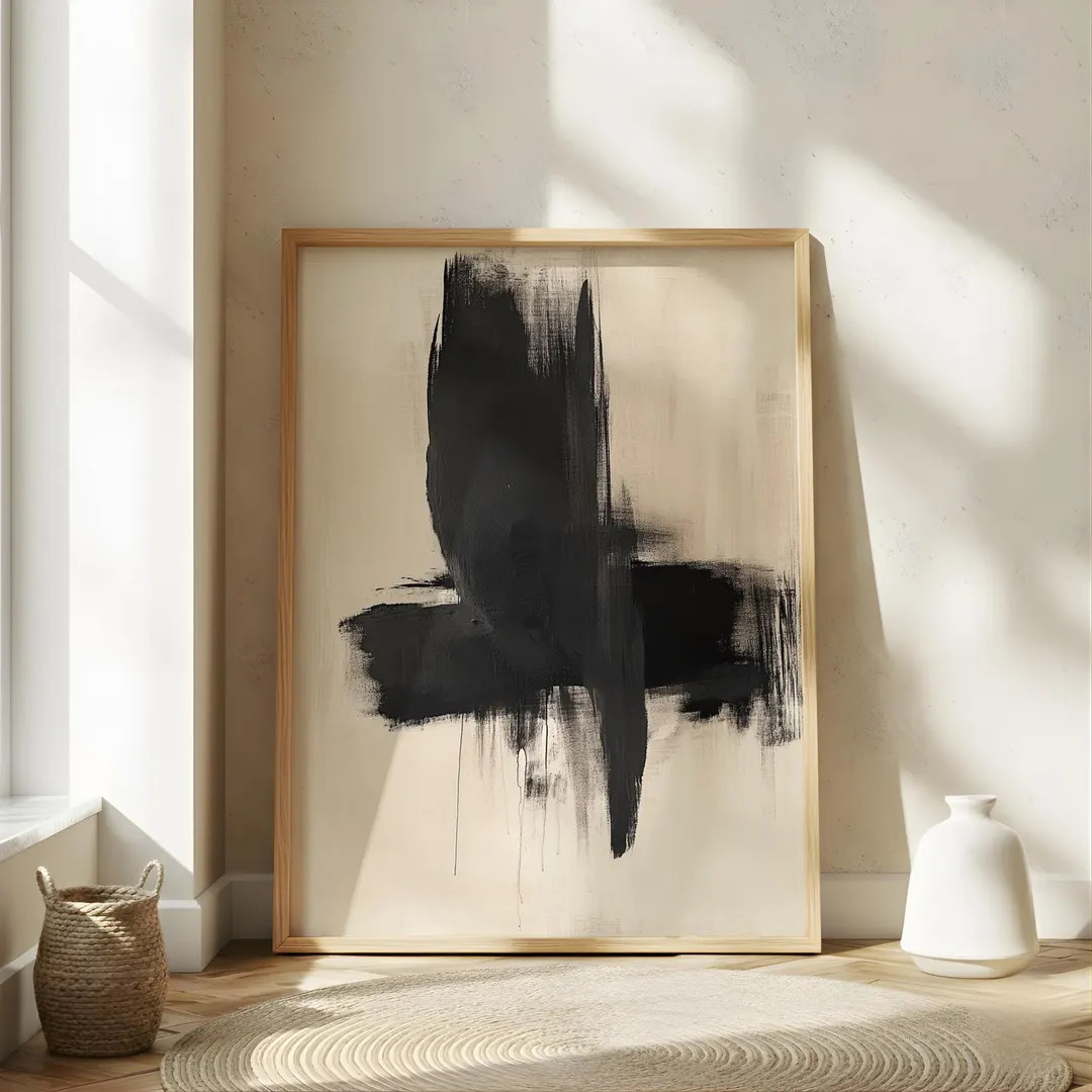 Bold Abstract Brushstroke Wall Art, Neutral Beige Black Canvas, Minimal Modern Print, Contemporar... | Etsy (US)