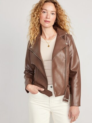 Faux-Leather Belted Biker Jacket for Women | Old Navy (US)