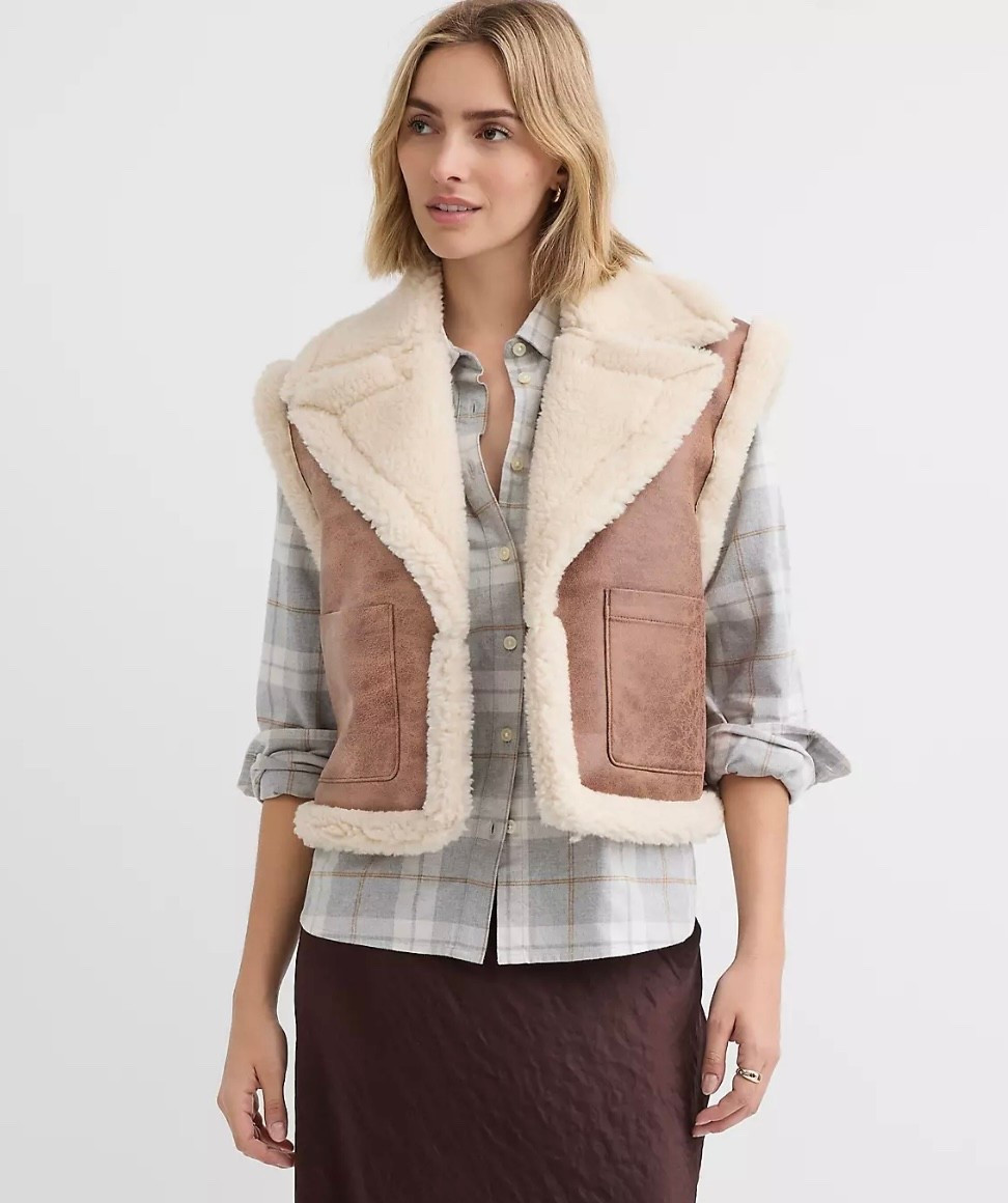 Sale! $54.99 reg. $135.00
EXTRA 50% OFF! PRICE AS MARKED! 
Crackled Faux Suede Sherpa Vest

#LTKTravel #LTKSaleAlert #LTKOver40