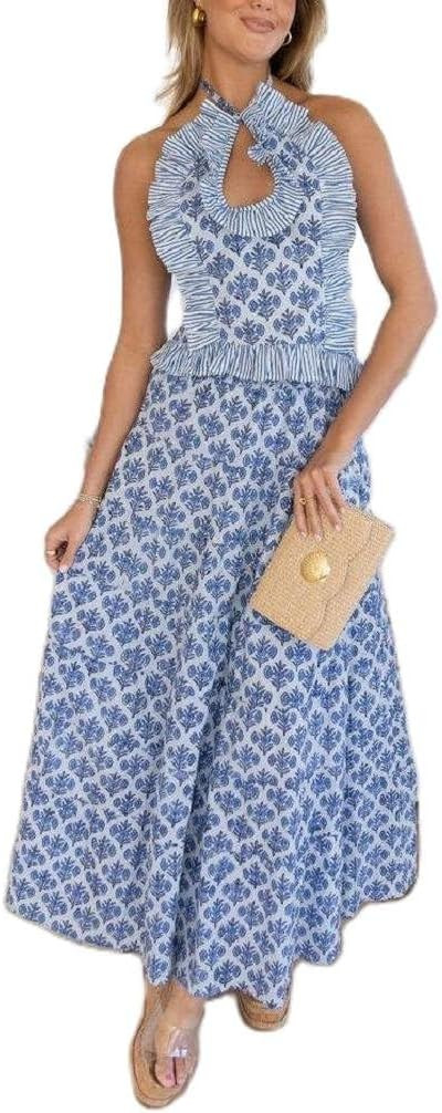 Womens 2 Piece Maxi Skirt Set Y2k Halter Ruched Cami Top Tiered Flowy Ruffle Skirt 2025 Summer Be... | Amazon (US)