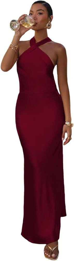 Halter Satin Bridesmaid Dresses for Wedding 2025 Long Silk Prom Dress Mermaid Formal Evening Gown | Amazon (US)