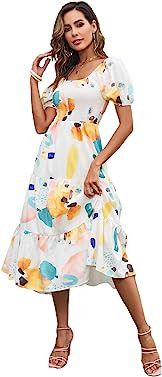 Sissyaki Women's Summer Boho Flowy Dress U Neck Smocked Midi Dress, Prime Day Outfit | Amazon (US)