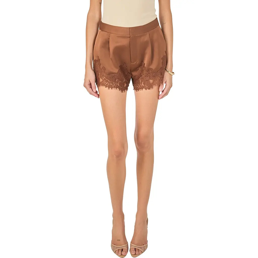 Endless Rose Lace Trimmed Satin Shorts in Brown at Nordstrom, Size Small | Nordstrom